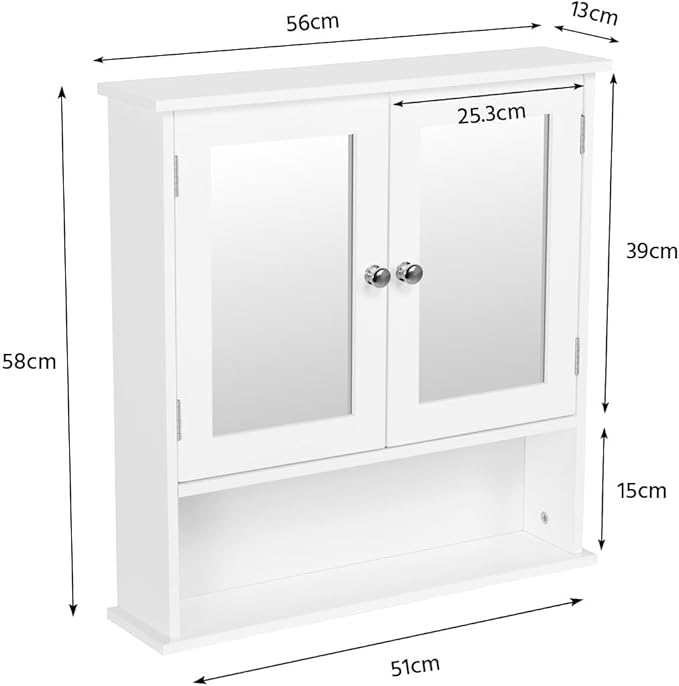 Armoire de salle de bains Yaheetech avec 2 portes miroir et compartiment de rangement ouvert - Blanc