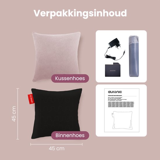 Auronic Oreiller chauffant - tricoté - 45x45 CM - Oreiller chauffant sans fil - rechargeable - Oreiller électrique - infrarouge - rose