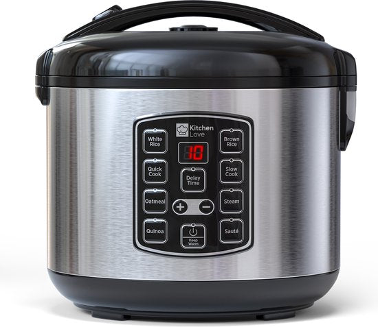 KitchenLove Rice Cooker with Steamer 1.8L - Cuiseur de riz - Fonction de réchauffage - 3 à 8 personnes - Acier inoxydable noir