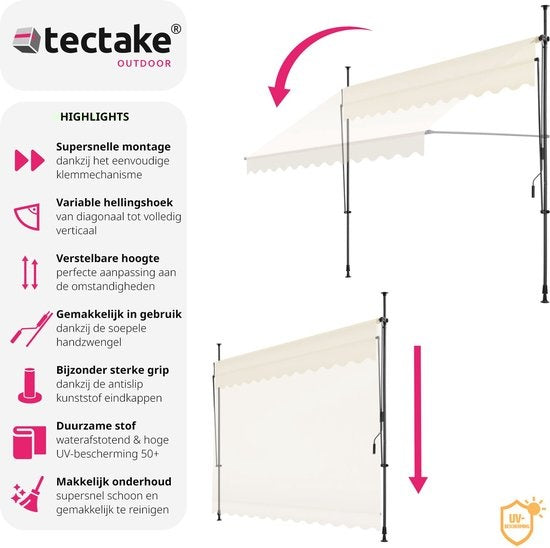 tectake - store à pinces - parasol - store - réglable - store à pinces - parasol balcon - 300 x 180 cm - beige - store - 404963
