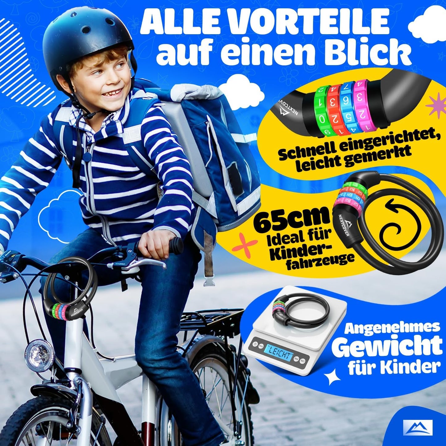 NEXTCOVER® Cadenas pour vélo d'enfant - Code numérique à 4 chiffres - Cadenas à combinaison pour vélo avec chiffres colorés - Cadenas pour scooter Extra robuste et sûr - Noir