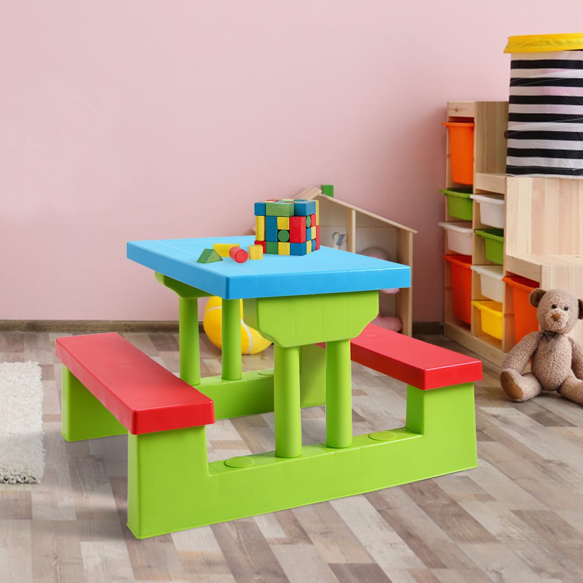 Coast Table de pique-nique pour enfants - Avec parasol - 2 bancs - Max. 50 kg - 67 x 41 x 47 cm - Rouge / Bleu / Vert
