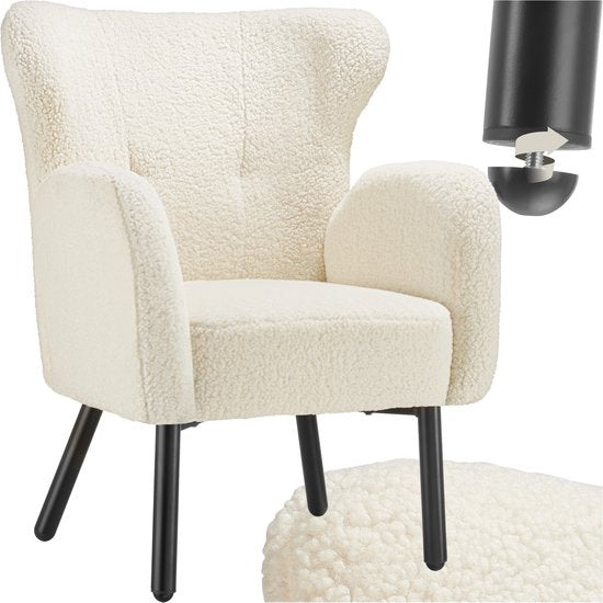 tectake® - Fauteuil Vänersborg - Fauteuil relax épais avec revêtement bouclé - Fauteuil lounge avec accoudoirs larges et dossier ergonomique - Pieds réglables en hauteur avec protection du sol - Beige/crème