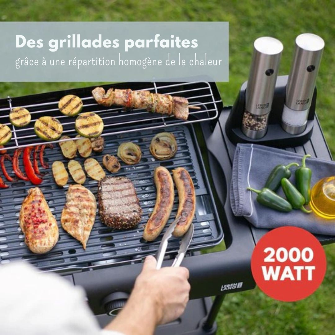 Gril électrique Lebenlang - 2 en 1 - Gril de table et gril sur pied - 2000W - Pour l'intérieur et l'extérieur - Noir