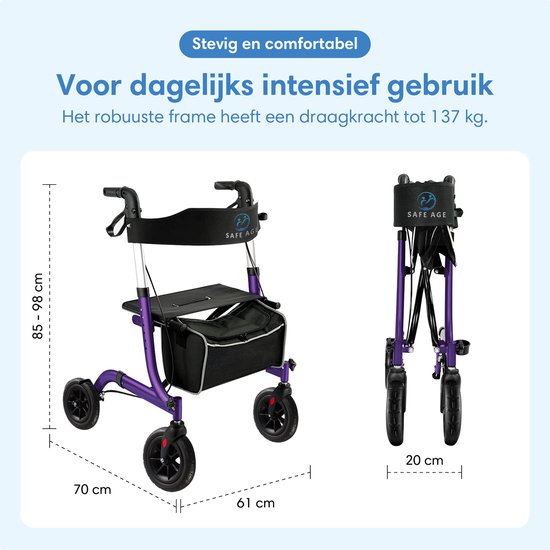 Rollator Safe Age® léger et pliable - Roues en caoutchouc - Siège intégré - Pour l'intérieur et l'extérieur - Dossier et support pour canne - Violet