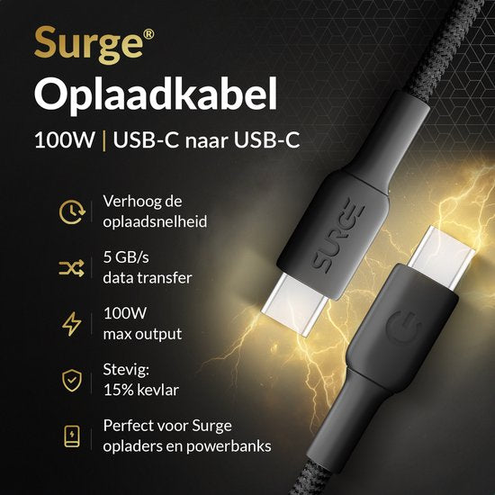 Câble USB C à USB C de Surge - 100W - Câble de charge de 2 mètres - Chargeur rapide avec 15% de Kevlar - Convient à Samsung / MacBook / iPhone 15 et 16 / iPad Pro, entre autres.