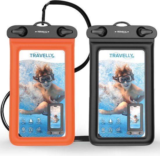 Travelly ® - Etui étanche pour téléphone portable Lot de 2 - Etui universel pour Smartphone - Convient à tous les téléphones - Sacoche sèche - Pour les vacances, la natation et les sports nautiques - Noir/Orange