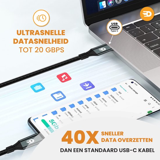 Drivv. Câble USB C vers USB C 3.2 - Chargeur rapide 100w - 4K 60Hz - 20GBs - 2 mètres - Convient à Samsung, Macbook, iPhone 15 et autres - Nylon - Gris
