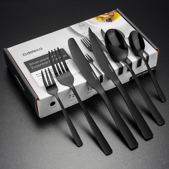 Deleca 12 Person Cutlery Set Essential (72 pieces) - Spoons, Knives, Forks, Steak Knives & Pastry Forks - Dishher Safe Cutlery - Shiny Black / Stainless Steel