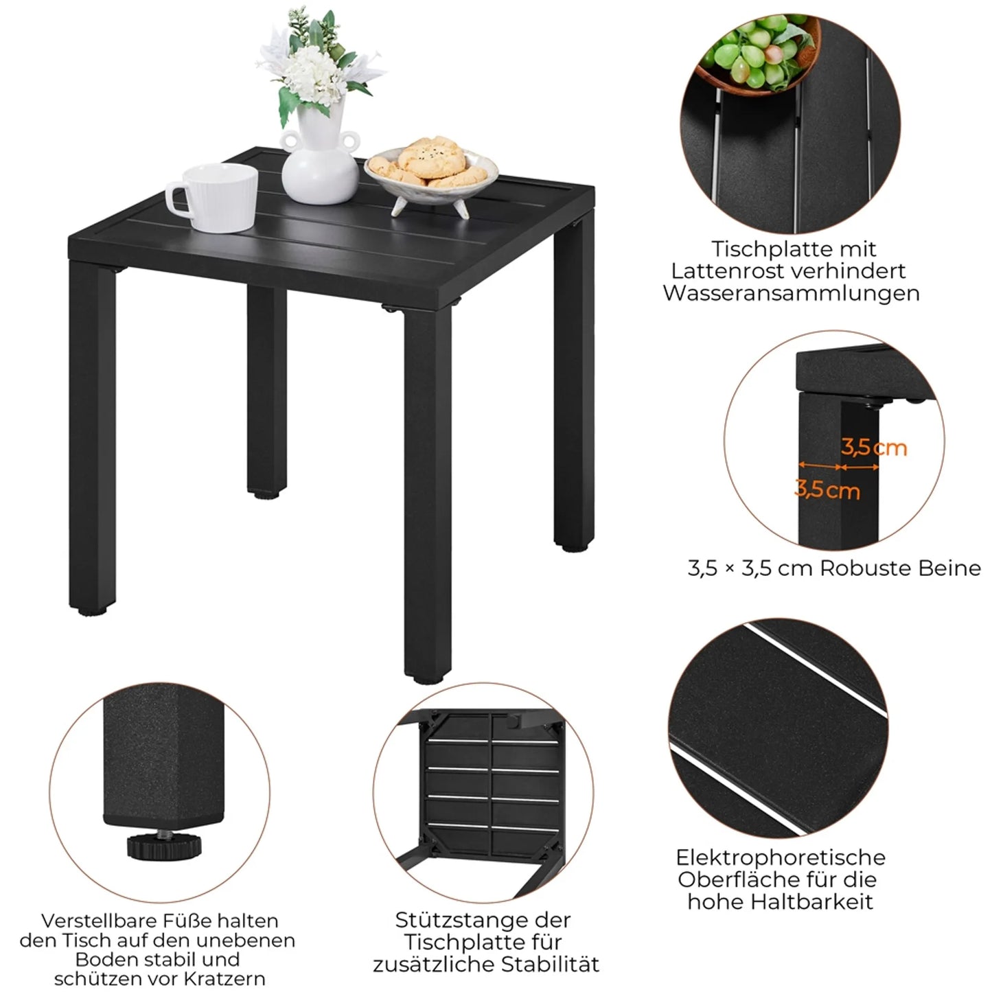 Yaheetech Table d'appoint carrée pour l'extérieur - équipée d'un plateau à lamelles, d'un revêtement en poudre électrophorétique et d'une barre de support - pour le jardin, le balcon et la terrasse - métal noir - 45 x 45 x 45,5 cm