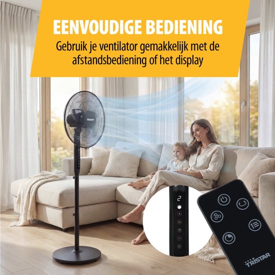 Ventilateur sur pied 3-en-1 Tristar - 40 cm - Avec télécommande - 9 vitesses - 3 modes de ventilation avec mode veille et minuterie - Oscillant - VE-5796