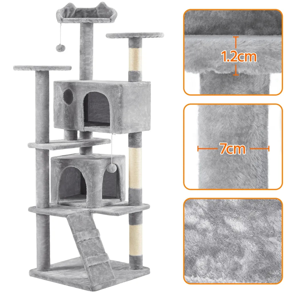 Arbre à chat Yaheetech de 178 cm avec deux niches pour chats, gris clair
