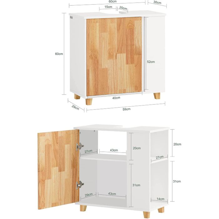 SoBuy - Meuble sous évier avec 1 porte et 2 compartiments latéraux - 60 x 30 x 60 cm - Max. 30KG - Blanc