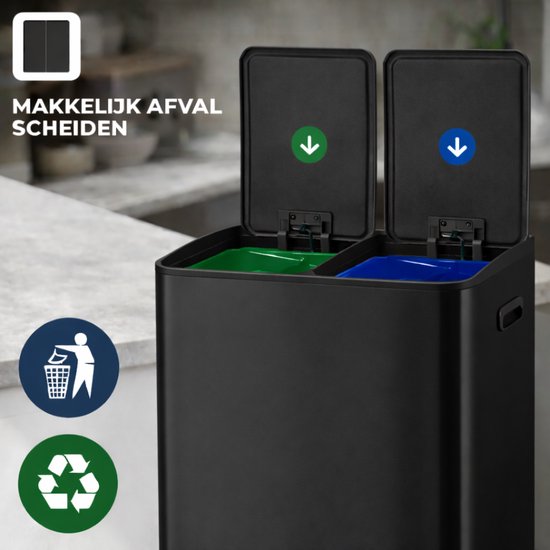 Bayt Poubelle - Poubelle 60 litres (2x30) - Poubelle 60 litres - Poubelle à pédale 60 litres - Poubelle Séparation des déchets - Poubelle 2 compartiments - Poubelle - inox - Noir