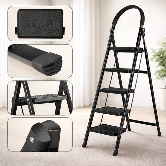 ToolX Escalier de maison - Escalier de cuisine - Acier - 5 marches - Pliable - Antidérapant - Pliable - Noir