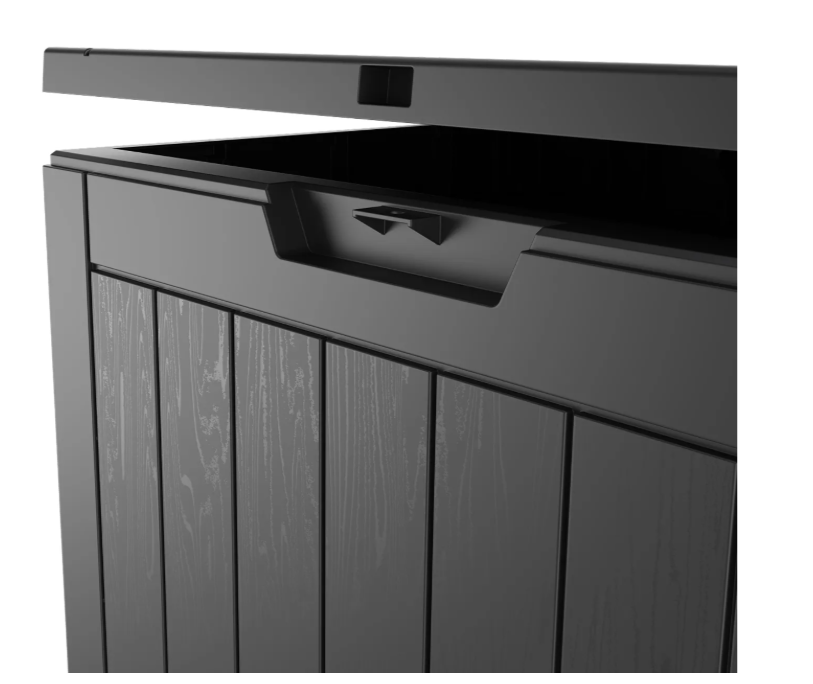 LifeGoods Boîte de rangement XXS 118L - Boîte de rangement pour coussins de jardin - imperméable - résistant aux intempéries - aspect bois - avec support de serrure - gris