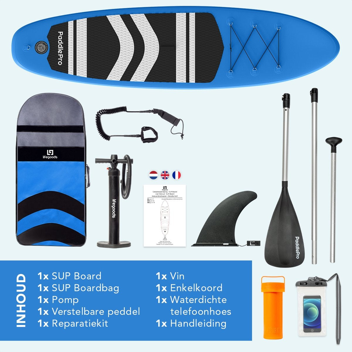 LifeGoods SUP Board - Planche à pagaie gonflable - Ensemble complet - Max. 135KG - 320x81cm - Bleu