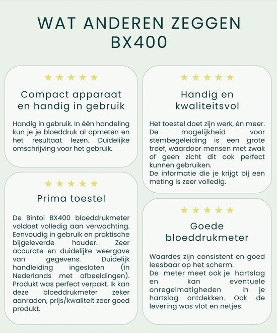 Bintoi® BX400 - Tensiomètre pour le bras - Cardiofréquencemètre - Piles incluses - 2 utilisateurs