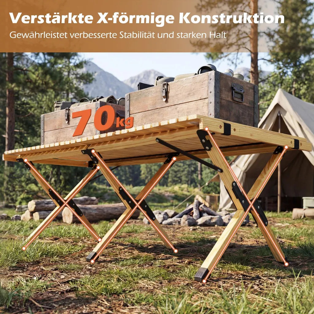 Table de camping pliable Coast 122 × 60 × 45 cm – Table de pique-nique en bois pour 4 à 6 personnes avec plateau enroulable et sac de transport – Naturel