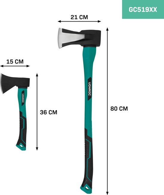 VONROC Ensemble hache à fendre et hache à main - tête en acier trempé - manche en fibre de verre - 79cm - 3900gr/35cm - 950gr