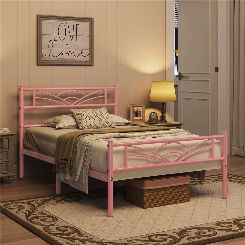 Yaheetech - Cadre de lit en métal 90 x 190 cm - Rose pâle - Lit simple avec tête de lit à motif nuages