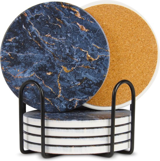 Castagnola Sous-verres en céramique avec support - Sous-verres pour verres - Sous-verres design - Sous-verres - Sous-verres à boire - Céramique - Liège - Lot de 6 - Bleu/doré