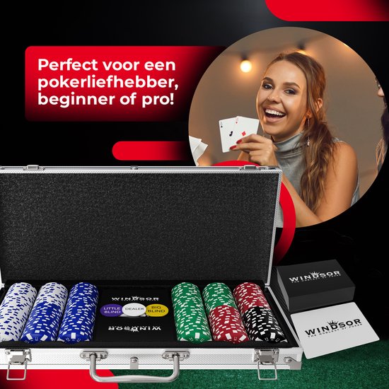 Set de poker Windsor - 300 jetons - Tissu de poker - Blinds - Cartes - Jetons de poker - Jetons de poker