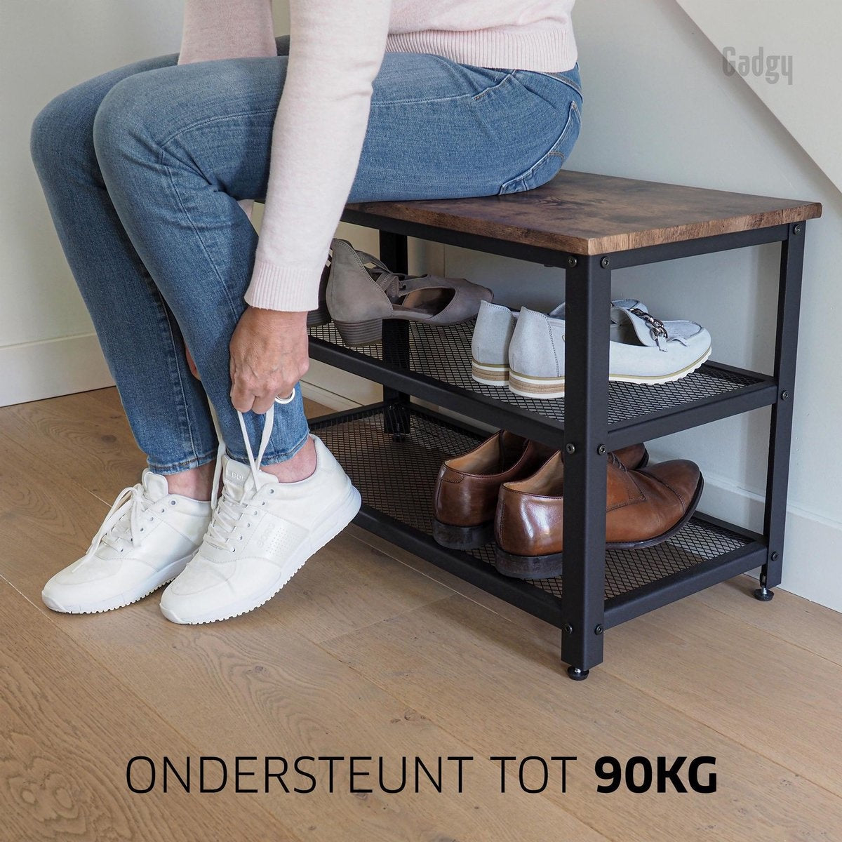 Gadgy Schoenenrek met bankje - 6 tot 9 Paar Schoenen - Schoenenkast bankje - Schoenenbank Industrieel - Handig schoenen opbergen - Bijzettafel Metaal met Hout