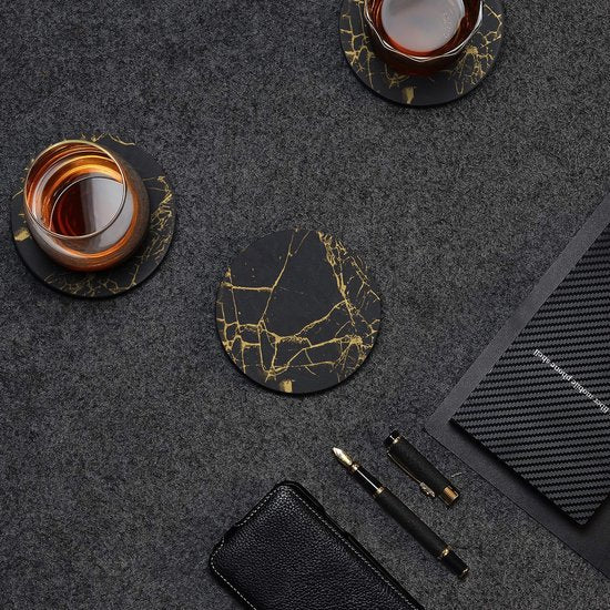 Castagnola Sous-verres en faux cuir - Sous-verres pour verres - Sous-verres design avec support - Sous-verres en cuir - Cuir - Lot de 16 - Aspect marbré - Noir/Or