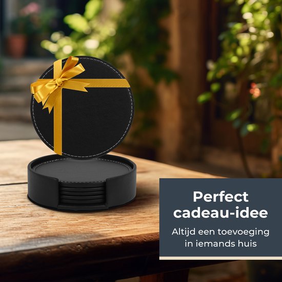 Castagnola Sous-verres en cuir synthétique - Sous-verres pour verres - Sous-verres design avec support - Sous-verres en cuir - Cuir - Lot de 6 - Noir avec surpiqûres