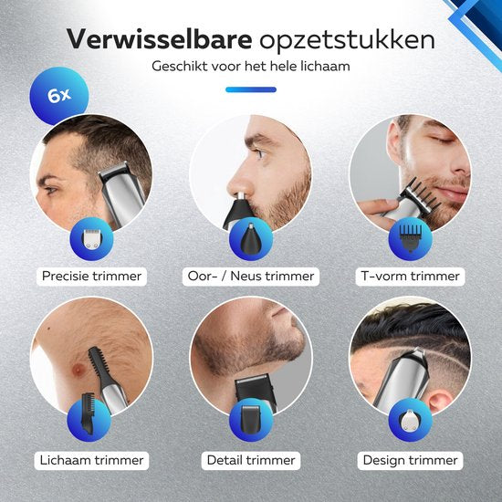 Tondeuse à barbe 6-en-1 pour hommes - 6 accessoires interchangeables - Tondeuse pour le corps et la barbe - Tondeuse pour le corps - Tondeuse pour le nez et les oreilles