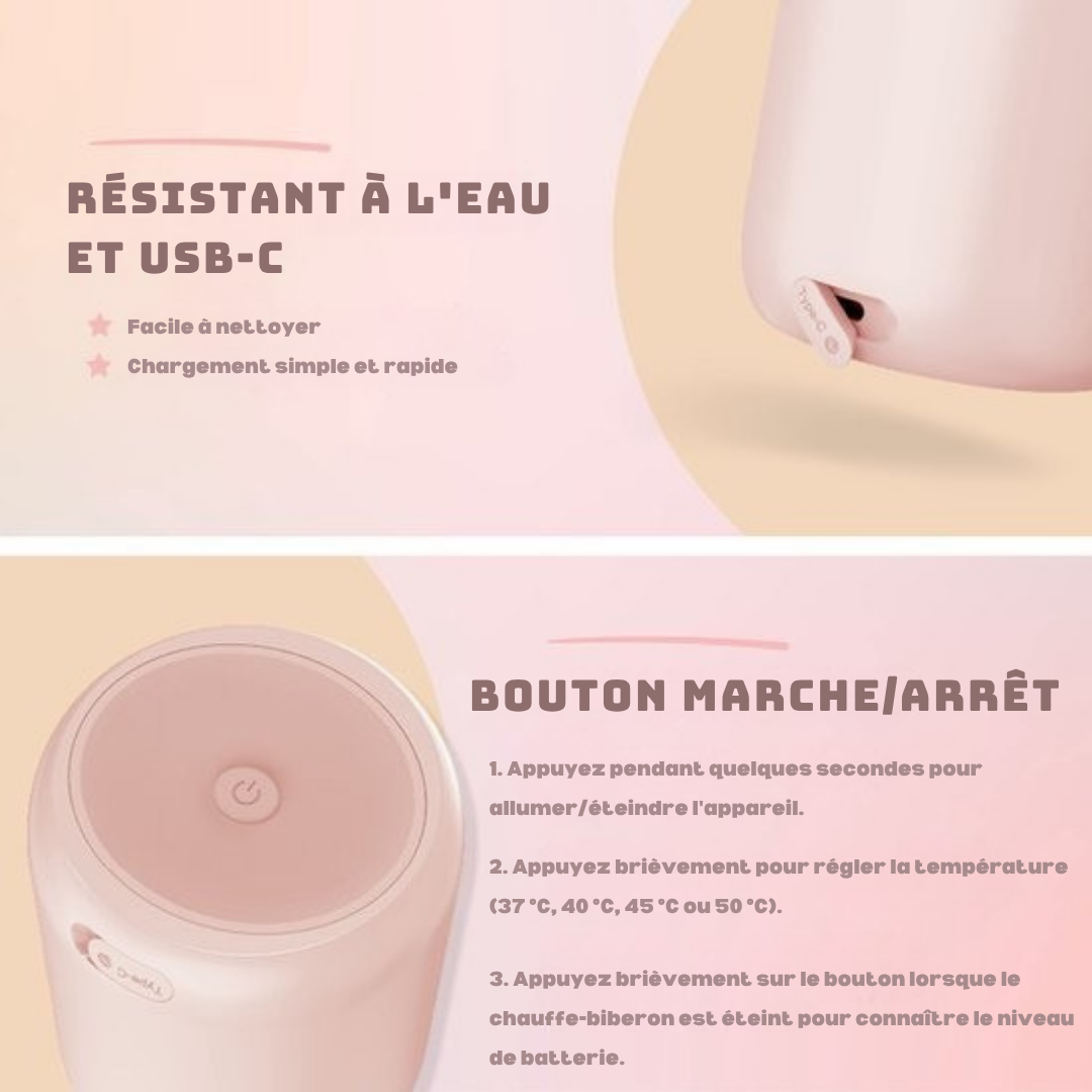Chauffe-biberon Vulpes Goods® - Portable et intelligent - 4 niveaux de température - Sans fil - Rose