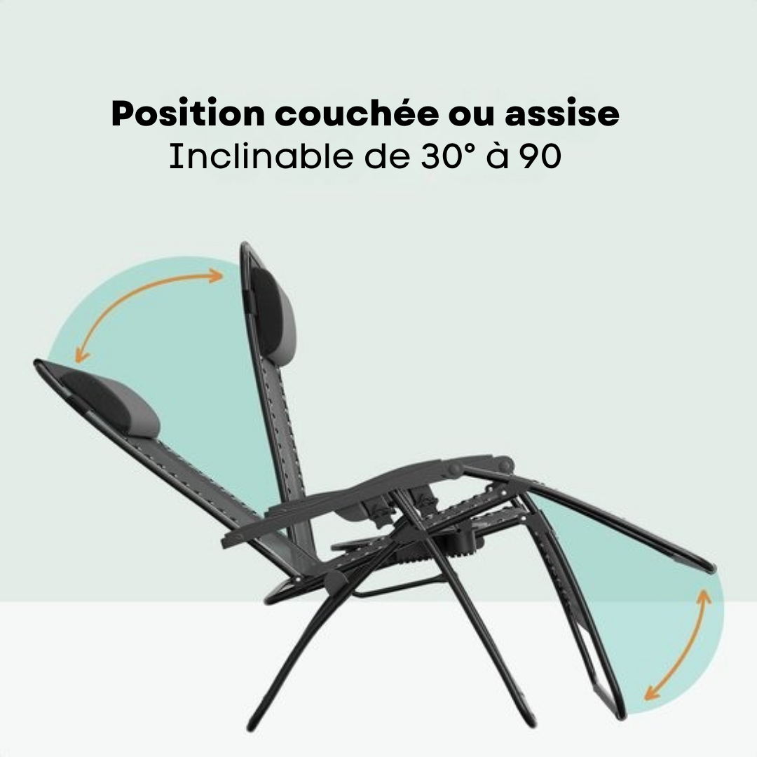 LifeGoods - Lot de 2 chaises longues - 30°-90° réglable - 150 kg max - Support pour gobelets et téléphone - Noir