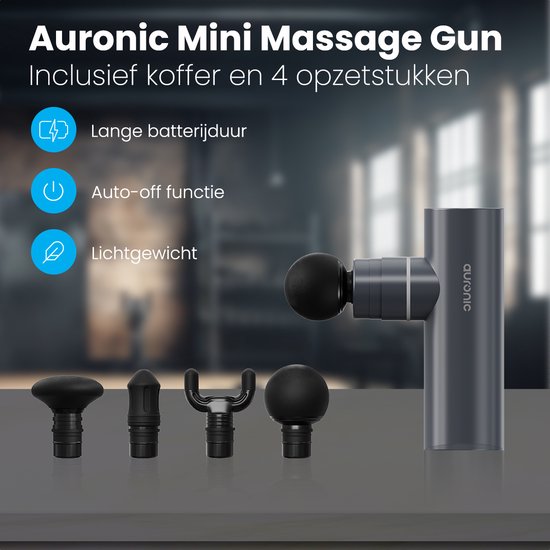 Auronic Massage Gun - Appareil de massage - Professionnel - 4 accessoires et étui - Pistolet de massage - Corps entier - Gris