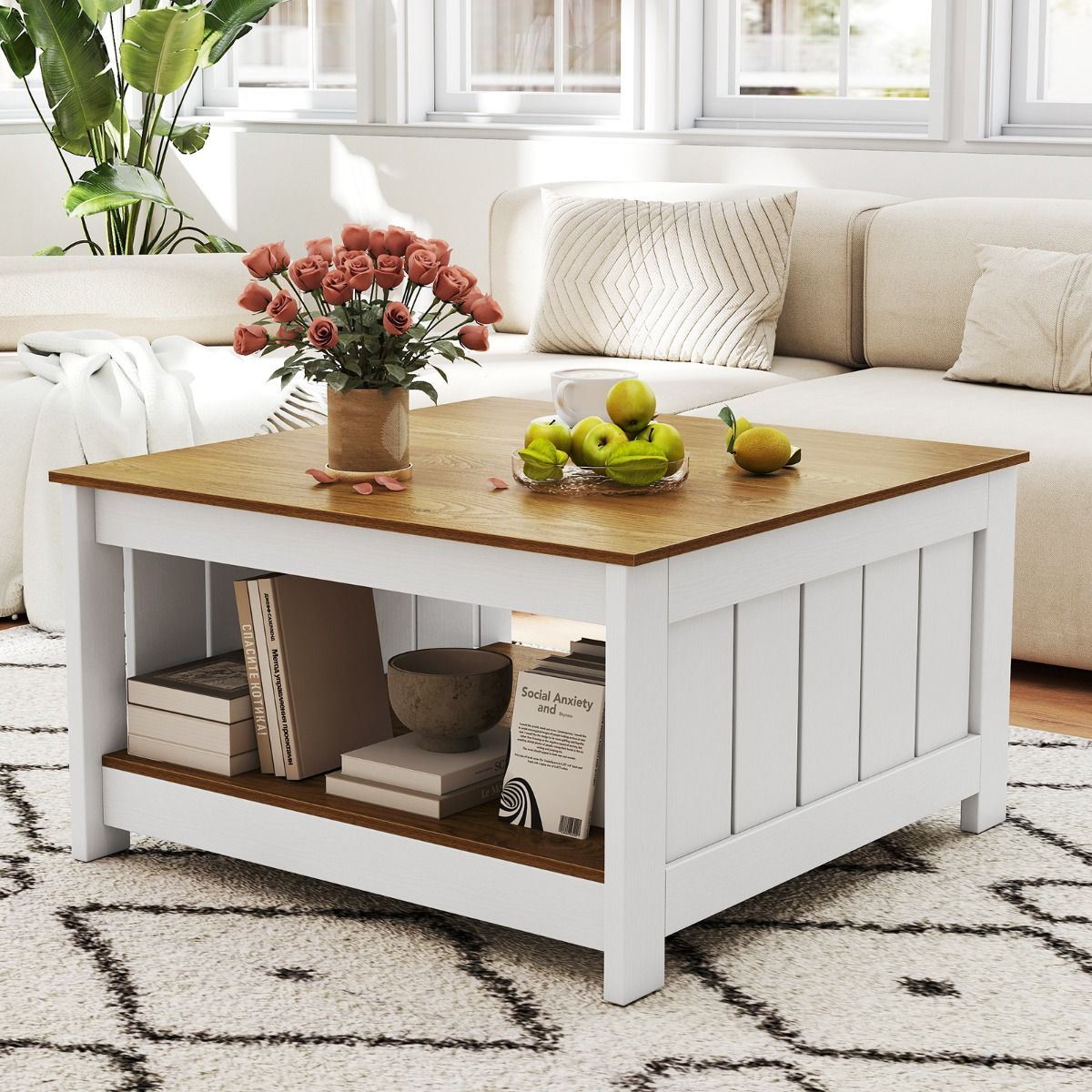 Lot de 2 tables basses Coast - 2 niveaux - avec espace de rangement - naturel et blanc