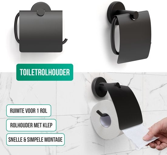 Avalo Toilet Accessories Set Black 4-Piece - Luxury Toilet Set - Brosse de toilette avec support / Porte-rouleau de toilette / Porte-rouleau de rechange / Crochet pour serviettes - Matériel de fixation inclus