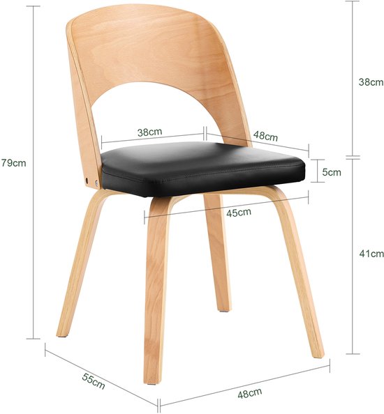 SoBuy Chaise en bois avec dossier et assise rembourrés, chaise pour cuisine, salle à manger, bureau, chambre à coucher, naturelle et noire, 48 x 55 x 78 cm, FST97-SCH