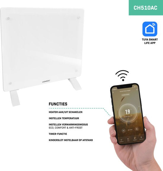 VONROC Chauffage électrique de luxe - Convecteur avec panneau en verre - 500W/1000W - Chauffe les pièces jusqu'à 12m2 - Contrôlé par l'application (via Wifi) et manuellement - Thermostat et minuterie réglables - Blanc