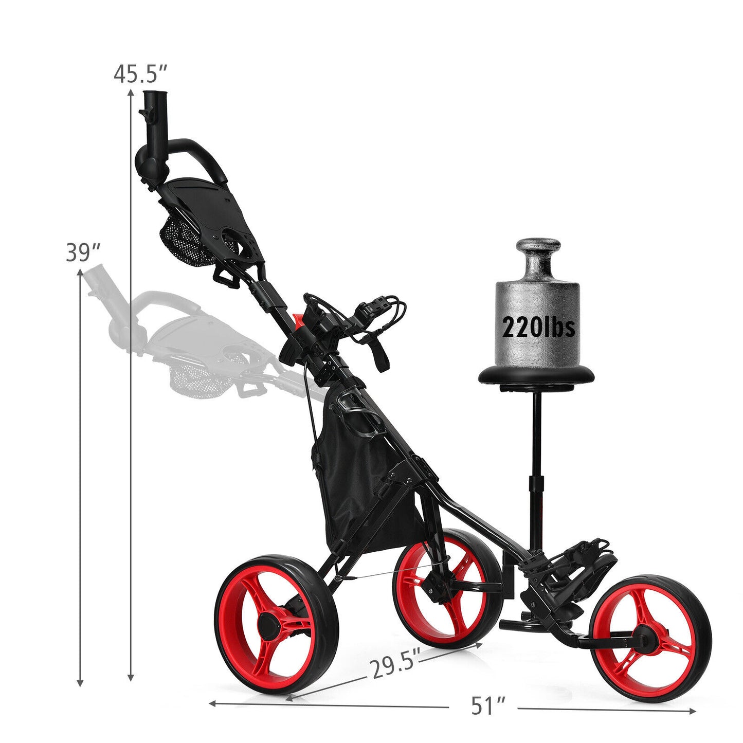 Coast 3-Wheel Golf Kart Kart à lumière réglable 129.5 x 75 x 101.5-119.5 cm rouge + noir