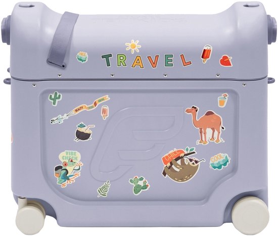 Stokke JetKids BedBox, Arctic Blue - Valise à roulettes pour enfants de 2 à 7 ans (jusqu'à 35 kg) - Peut se transformer en lit - Avec matelas, autocollants décoratifs et sangle de transport réglable