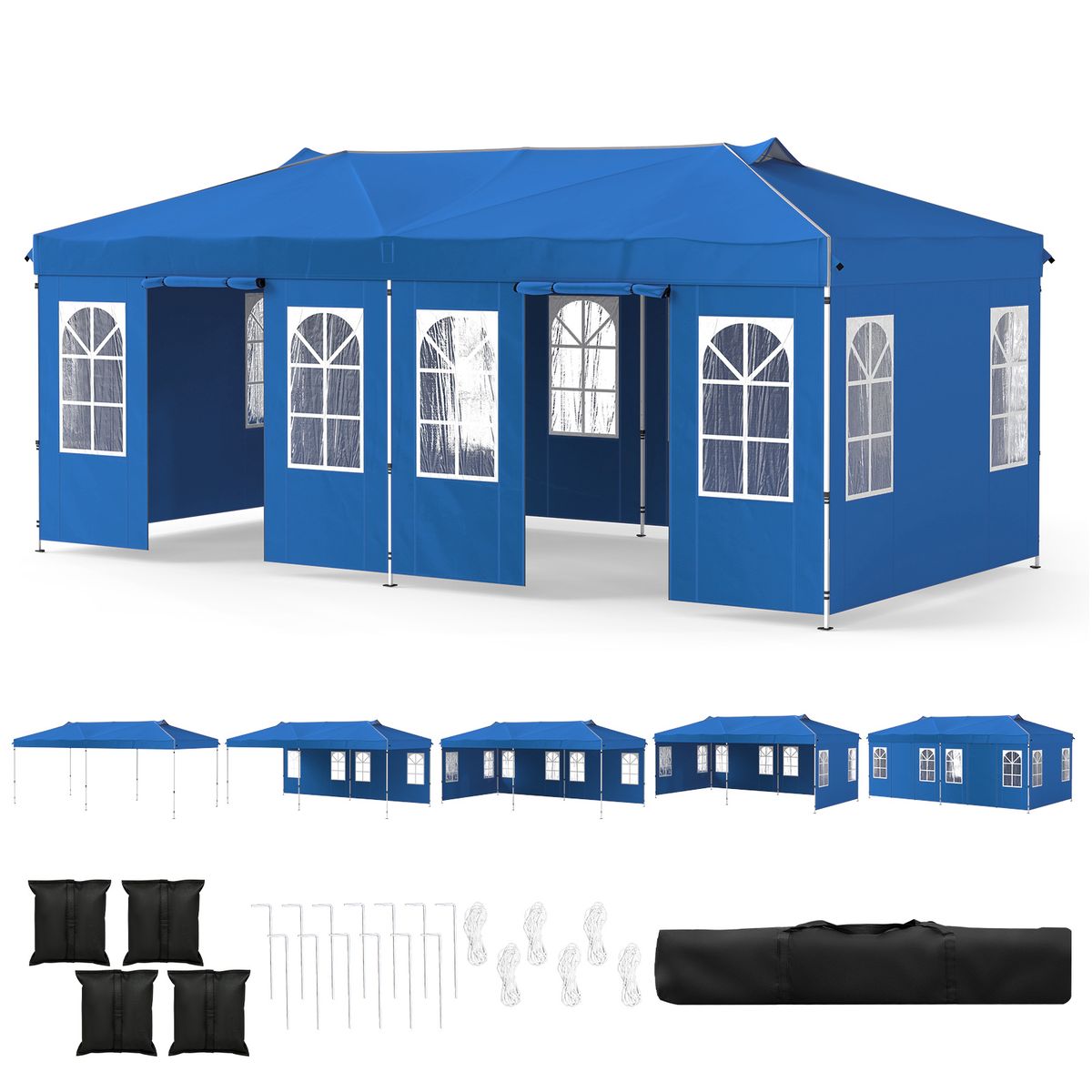 Tente de réception pliable Coast - 3 x 6 mètres - hauteur réglable - 6 parois latérales - bleue