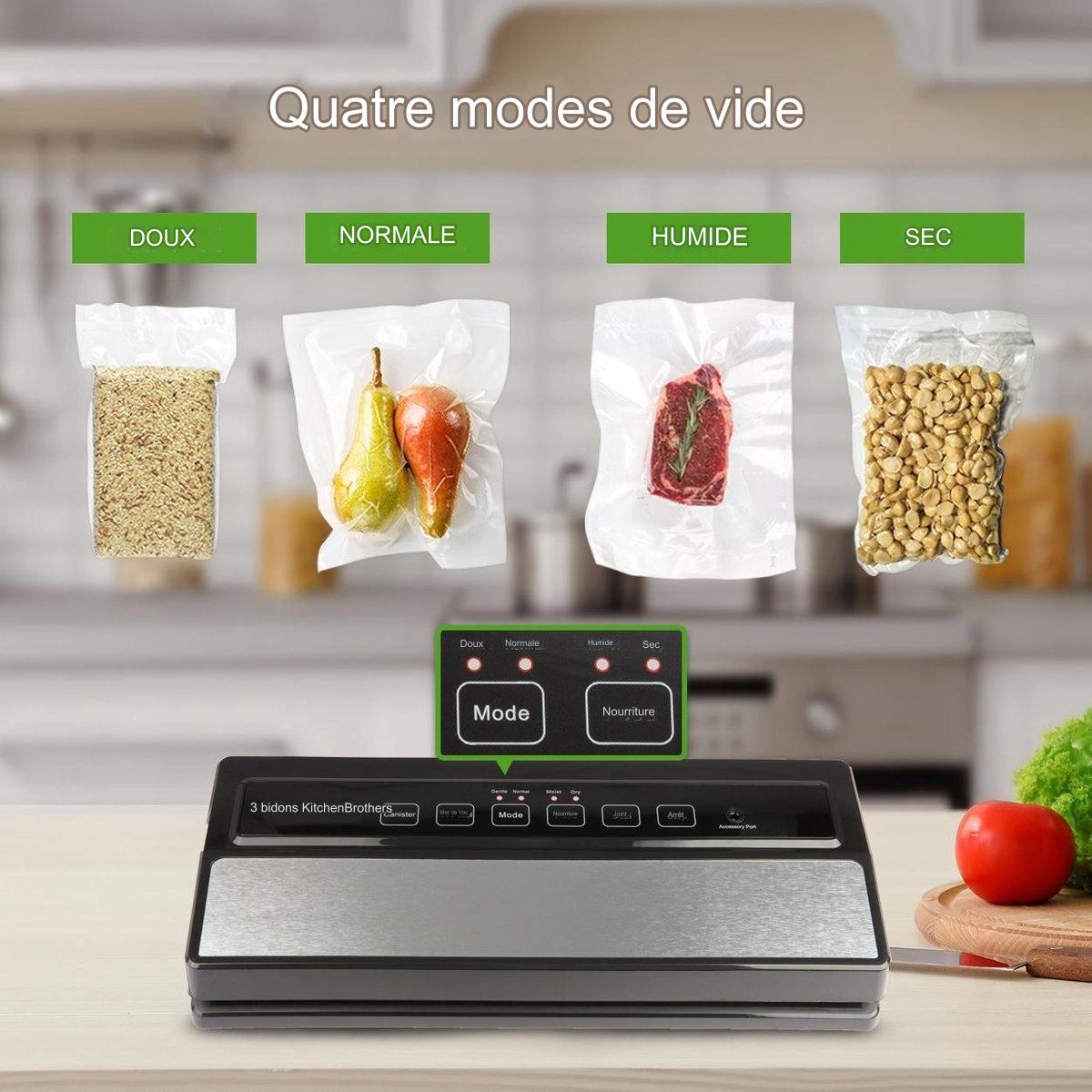 Machine sous vide - KitchenBrothers - Scelleuse sous vide automatique - 4 modes - Avec rouleau de film - sacs sous vide et tuyau d’aspiration - Noir