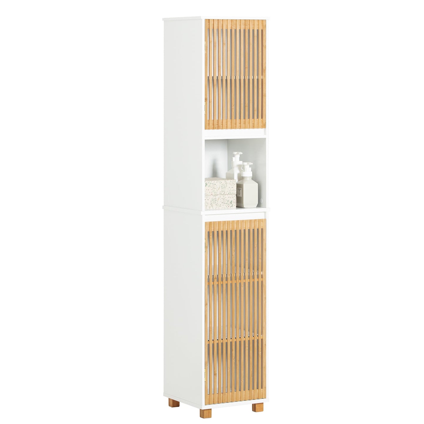 Meuble colonne de salle de bain SoBuy- BZR127-W - 33 x 33 x 165 cm - Bois laqué blanc et bambou- Blanc