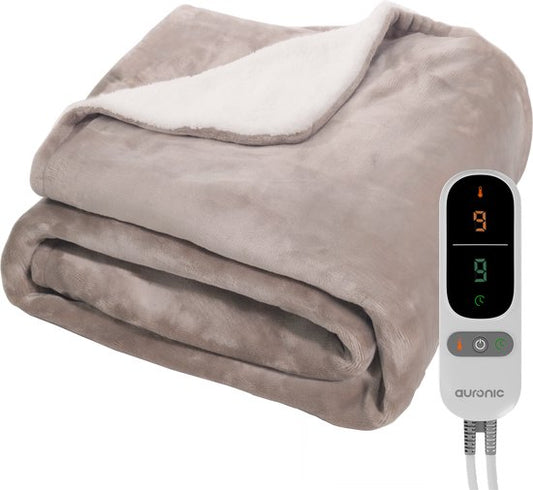 Couverture électrique Auronic - Couverture chauffante - Polaire Sherpa - 9 réglages de chaleur et de minuterie - Couverture - 180x130 - 1 personne - Taupe
