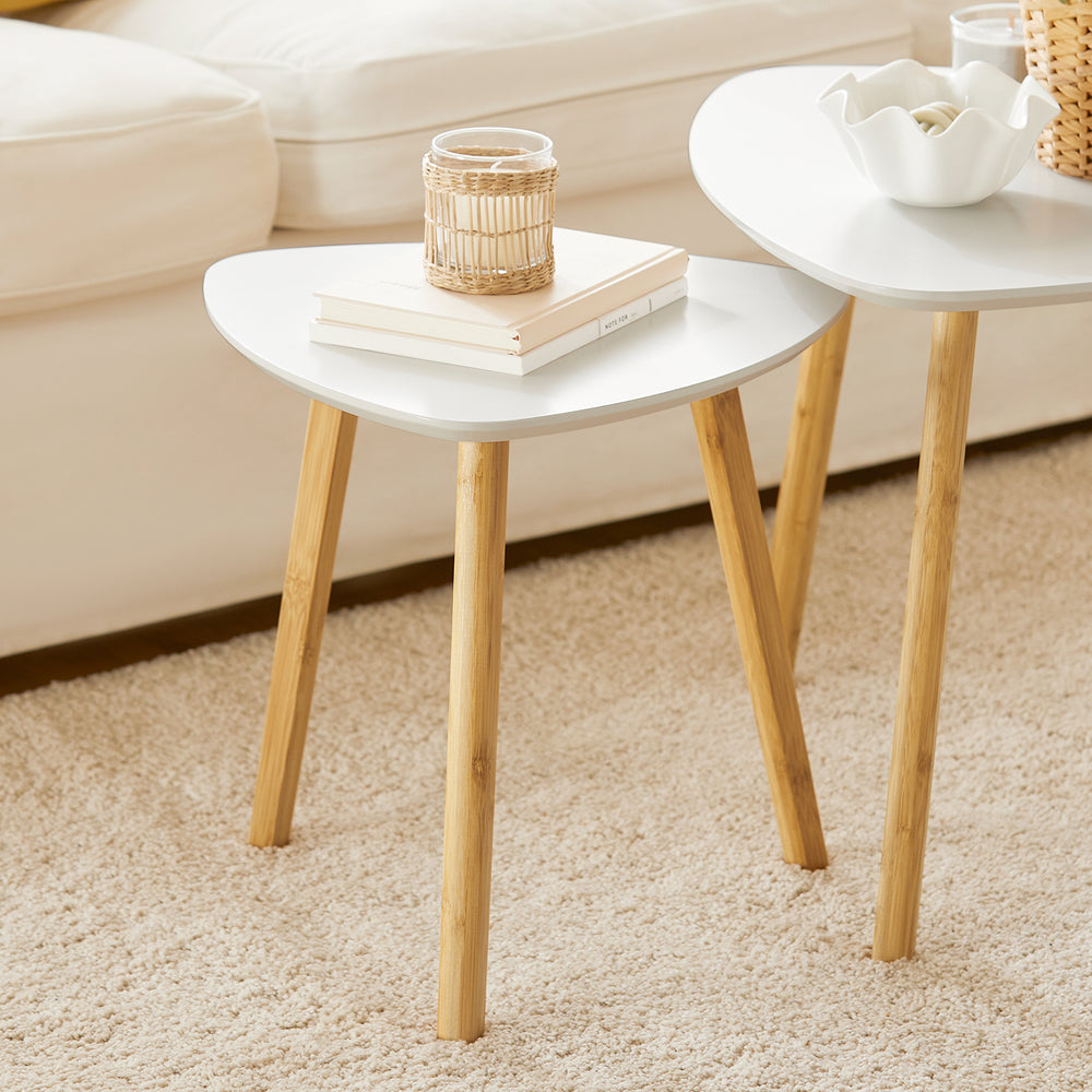 Lot de 2 petites tables avec étagères, table basse, table de salon, petite table, bambou, blanc/naturel