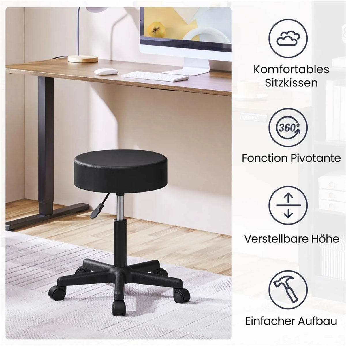 Yaheetech Tabouret de bar réglable en hauteur - équipé d'un coussin de siège de 10 cm d'épaisseur et d'une base pivotante à 360° avec roues - pour bureau, studio et îlot de cuisine - cuir noir et métal - 50 x 50 x 46 - 61,5 cm