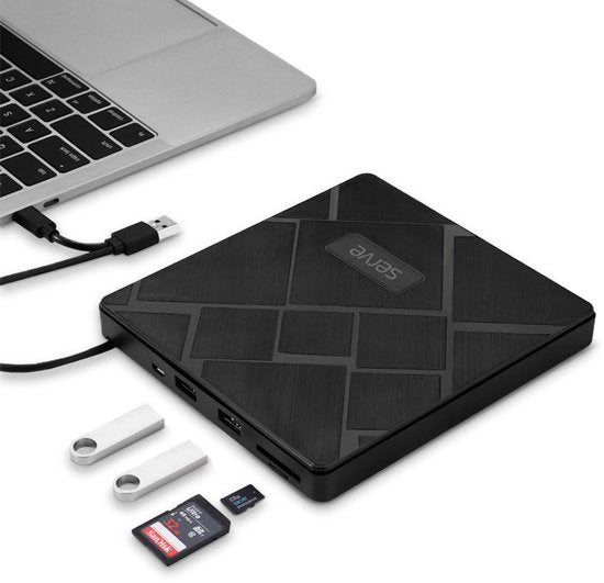 Serve 4-in-1 Lecteur et graveur externe de CD / DVD pour PC, ordinateur portable et Mac iOS - Plug & Play - Fente pour carte SD et Micro SD + Hub USB