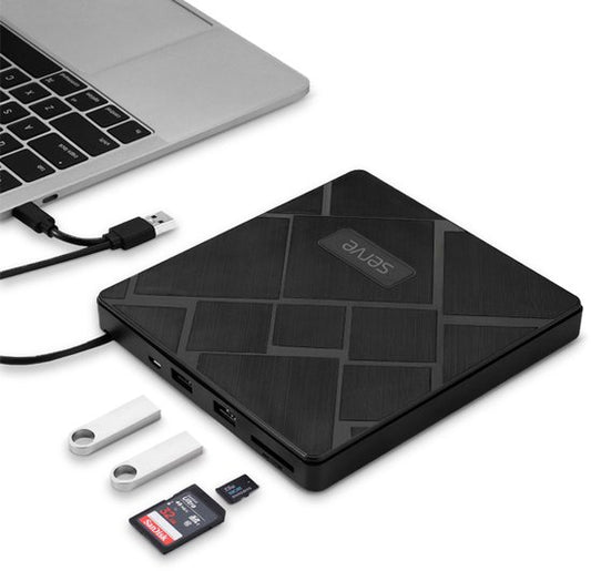 Serve 4-in-1 Lecteur et graveur externe de CD / DVD pour PC, ordinateur portable et Mac iOS - Plug & Play - Fente pour carte SD et Micro SD + Hub USB