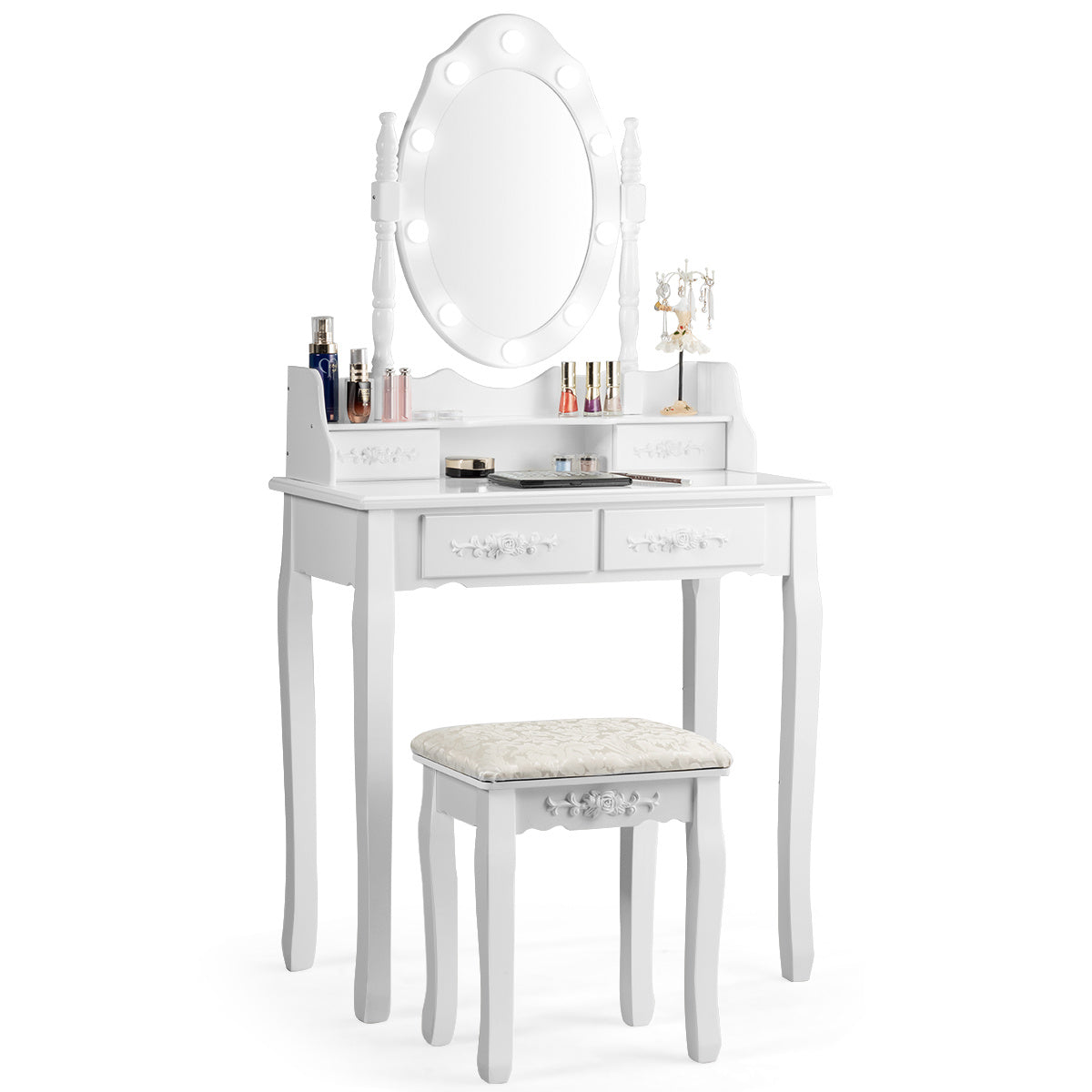 Coast Klassieke Kaptafel met Krukje - LED Lampen - Make up Tafel - 75 x 40 x 146cm - Wit