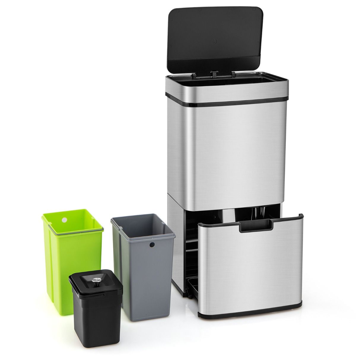 Coast 72 L Garbage Bin with Sensor - 4 Bins, Silver, 42 x 32-58 x 84-110 cm, Electric Garbage Bin with Soft Closure for Kitchen and Office